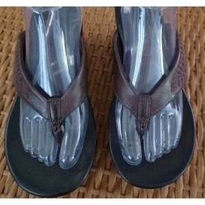Indigo by Clarks Womens Brown Leather Floral Embossed Wedge Thong Sandals 8M